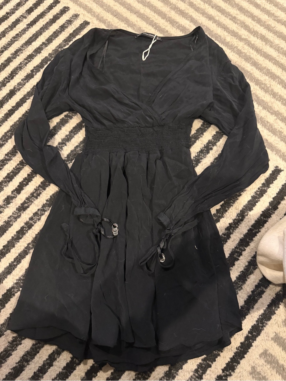 Zara Black Long-Sleeve Smocked-Waist V-Neck Dress